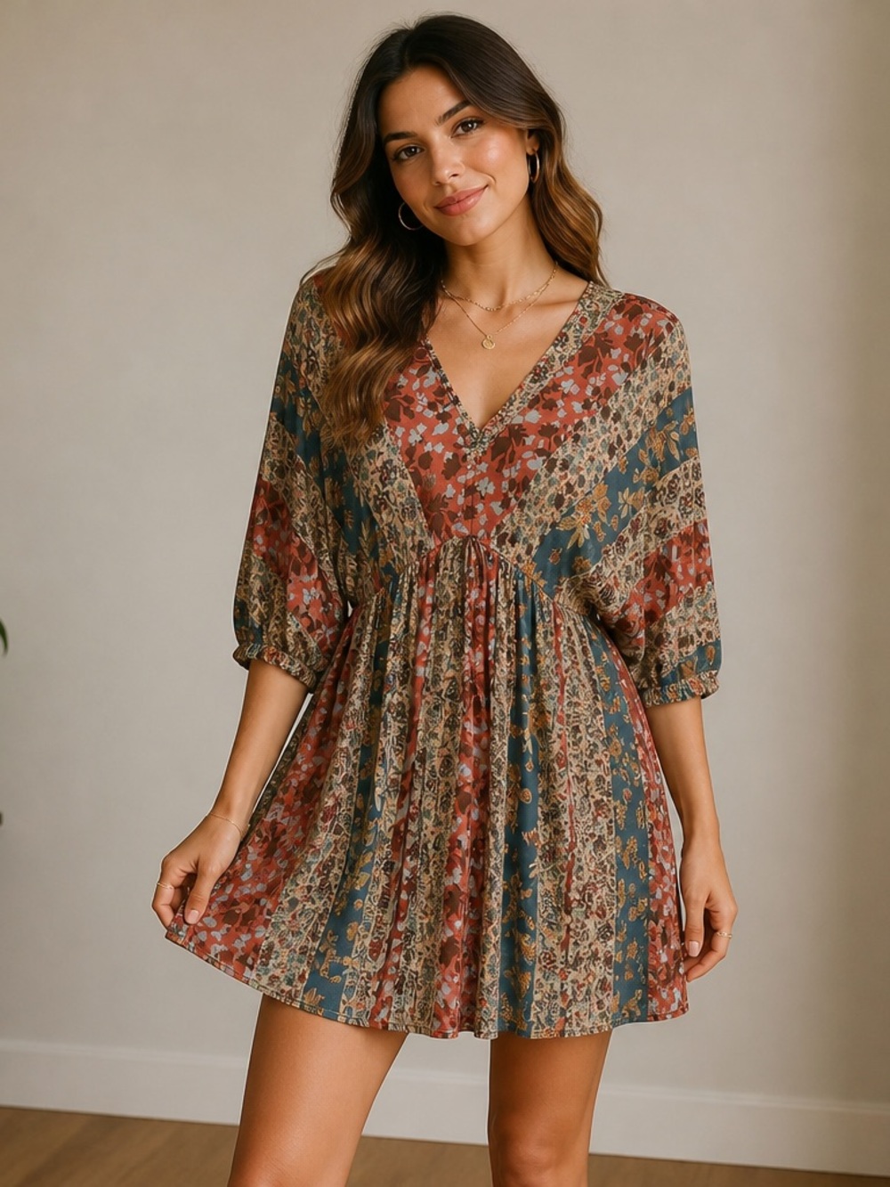 ODDY Boho Floral Mini Dress – Rust Teal Cream V‑Neck Flutter Sleeve Dress